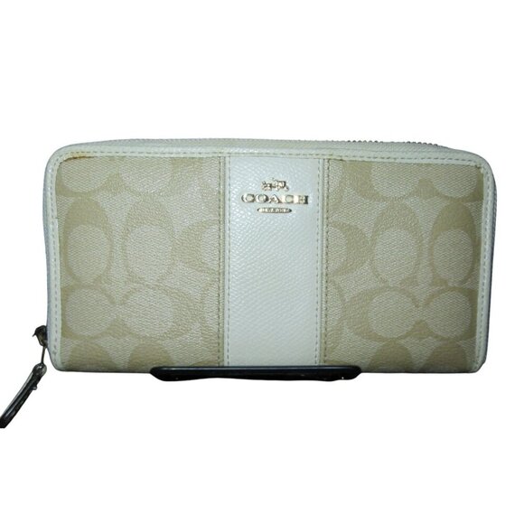 Coach Signature C Leather Zip Around Accordion Long Wallet Khaki & Bone F52859 - Picture 1 of 10